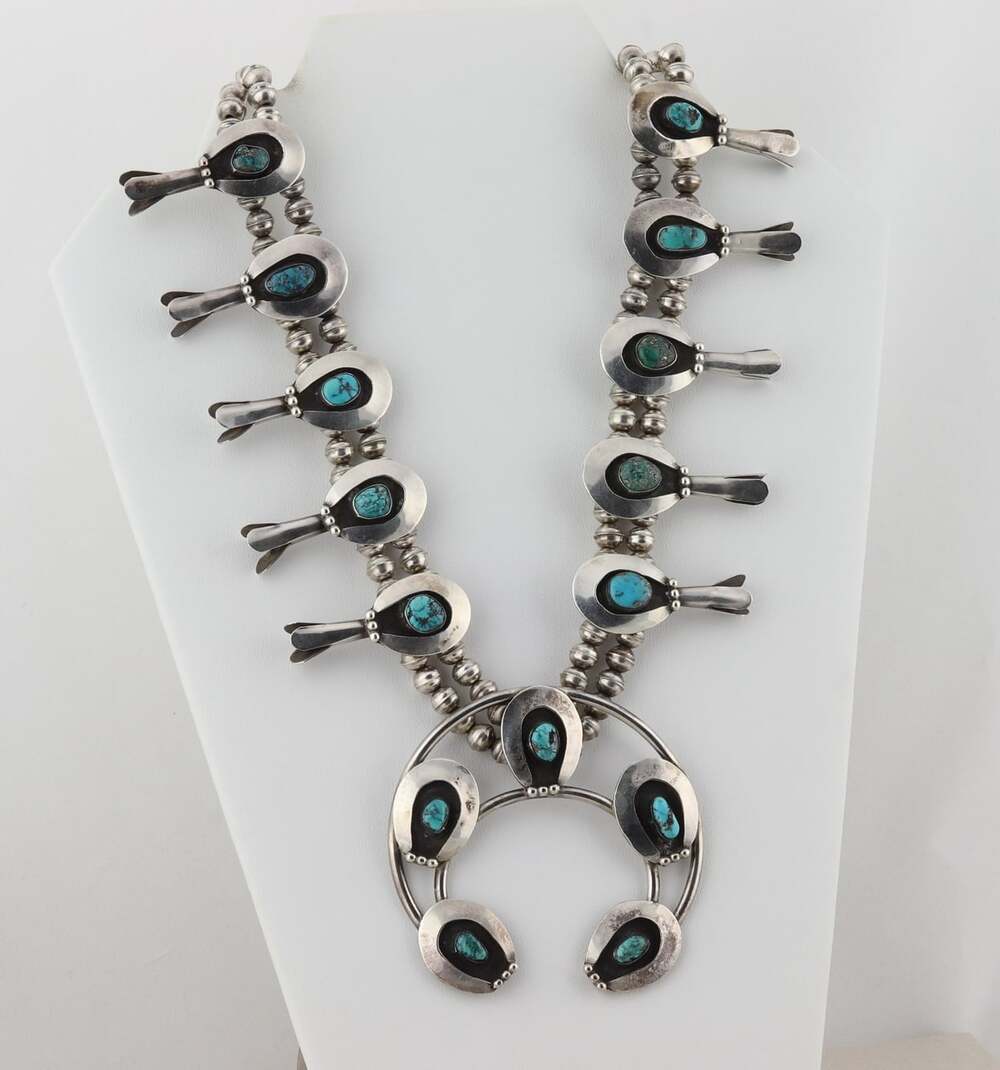 Sterling Silver Natural Turquoise Squash Blossom Necklace 23" inch - Picture 7 of 10